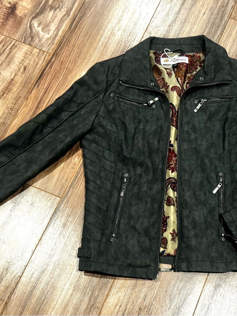 Montana Co. Charcoal Faux Suede Moto Jacket Paisley Lining | Small